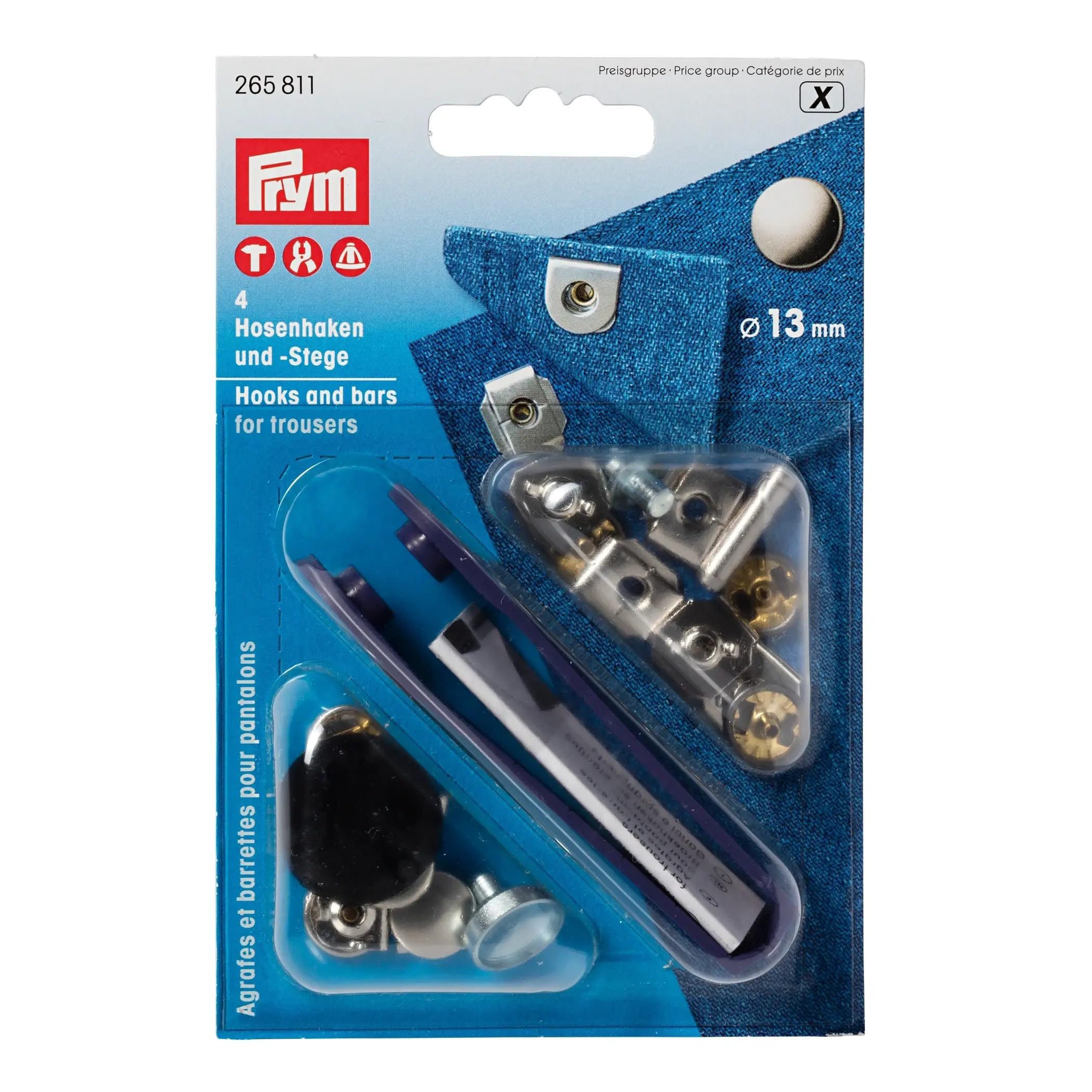 Prym Hooks and Bars for Trousers Size 13mm, Brass, Silver, 13.4 x 8.4 x 1.2 cm
