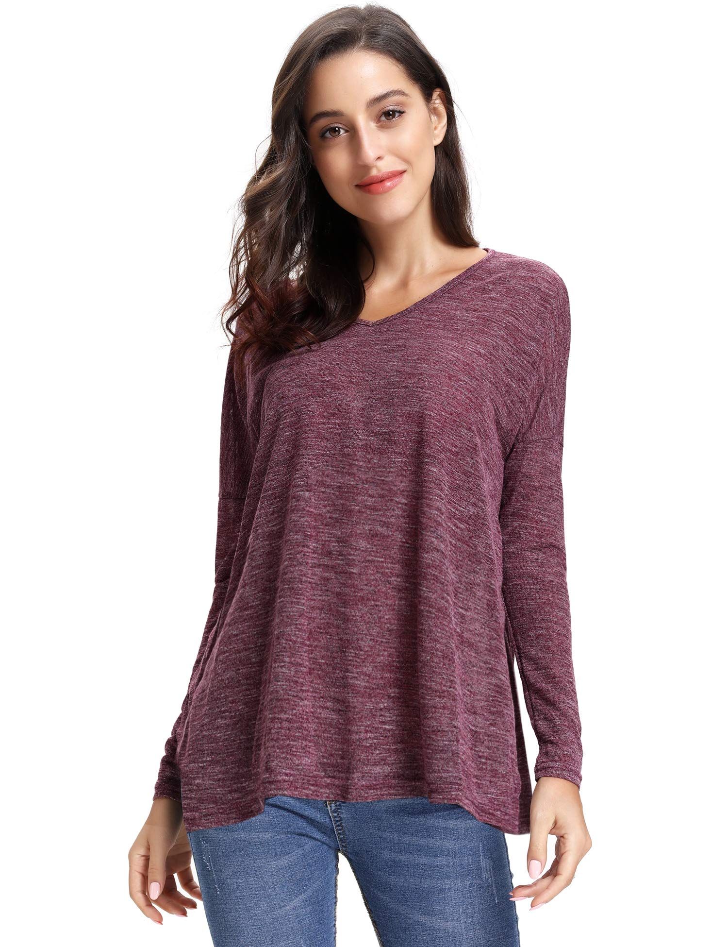 Abollria Women\'s V Neck T-Shirt Long Sleeve Pleated Casual Tee Shirt Tops