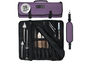 Asaya Waxed Nylon Chef Knife Roll Bag with 20 Slots and Zippered Pockets - Professional Chef Knife Bag & Storage Case, Tool C