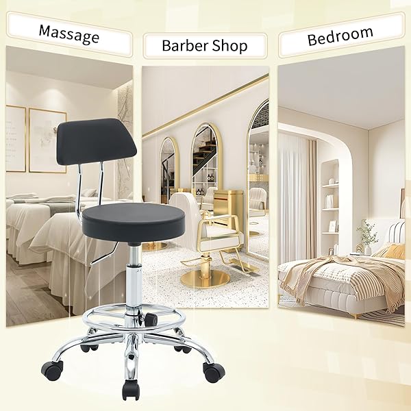 FIRAVOE ROLLING STOOL WITH BACK,ADJUSTABLE HEIGHT FOOT REST ROLLING SALON CHAIR 19.5″-26.6″,BLACK ERGONOMIC STOOL (BLACK)