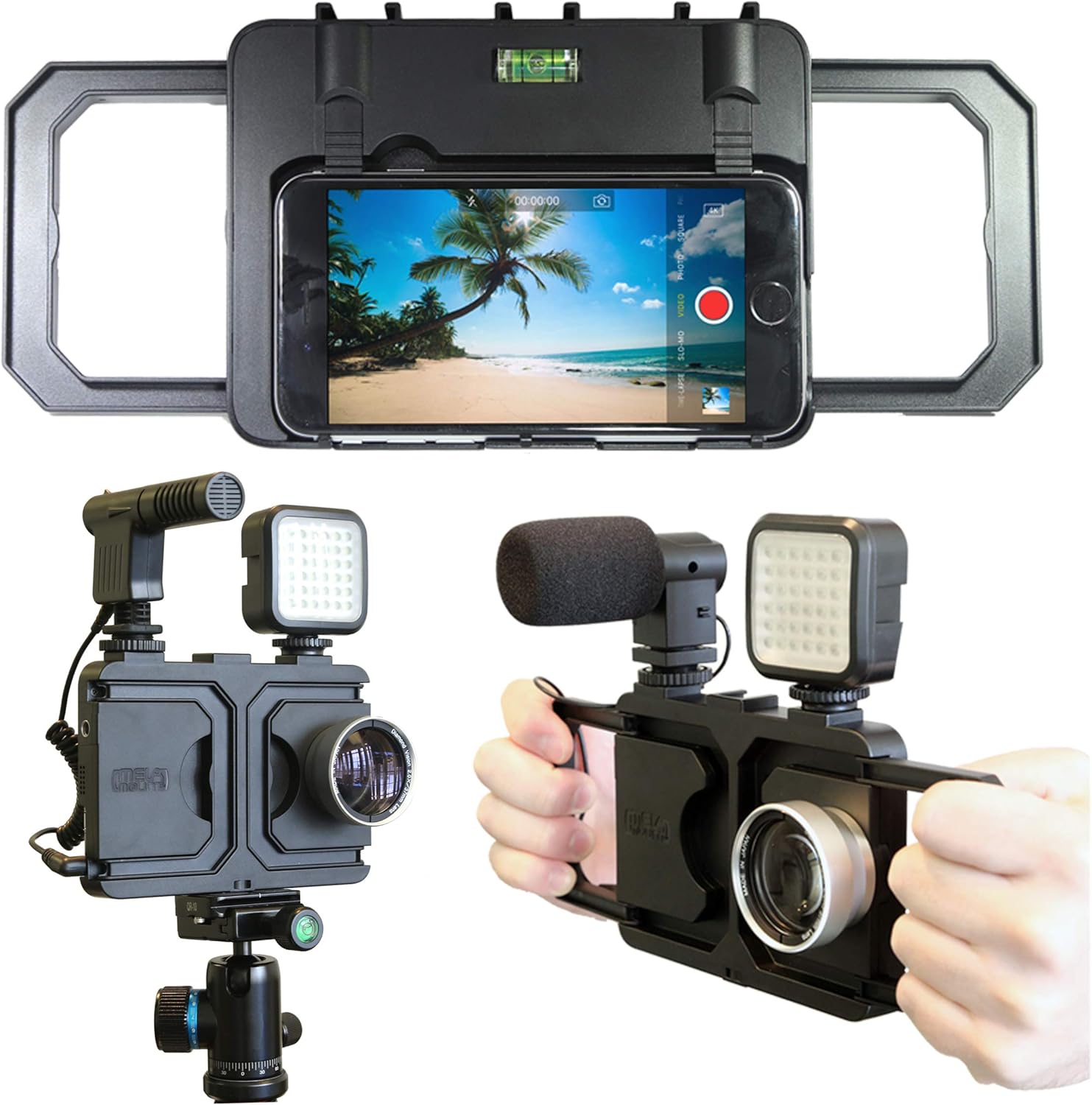 MegaMount Multimedia Rig Case Video stabilizer for Apple iPhone 8 and 7. Easily Attach Lenses, Lights, Microphones. Great for Video Recording. Mounts on Tripods and Monopods
