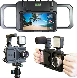 MegaMount Multimedia Rig Case Video stabilizer for Apple iPhone 8 and 7. Easily Attach Lenses, Lights, Microphones. Great for Video Recording. Mounts on Tripods and Monopods