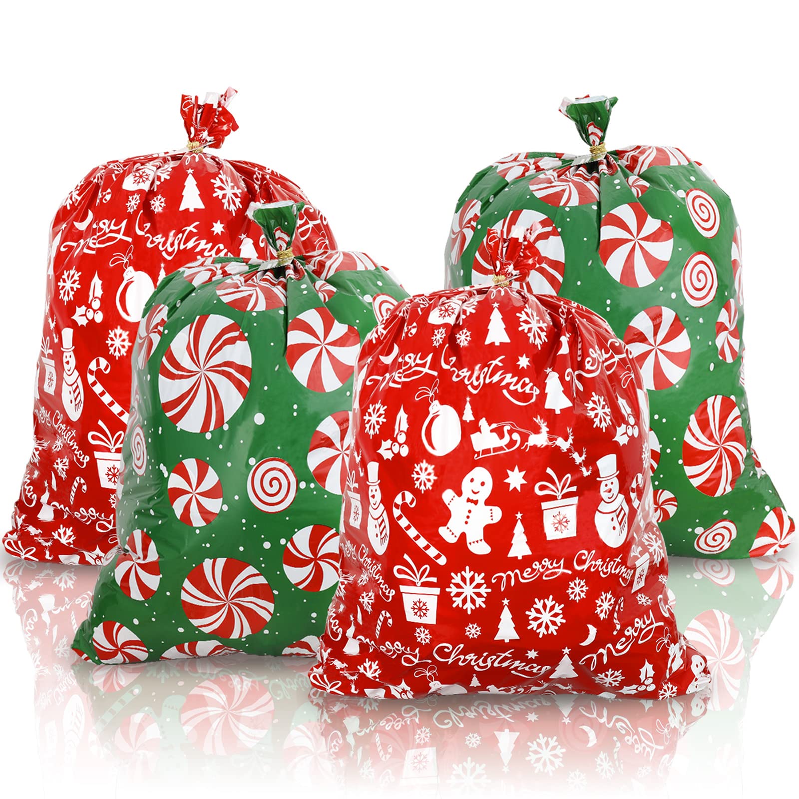Whaline 4Pcs Christmas Giant Gift Bags 36 x 44" Xmas Jumbo Plastic Present Bag Red Huge Green Snowman Peppermint Storage Bag with 4Pcs Tags & Strings Ties Oversized Toy Wrapping Sack for Party Favors