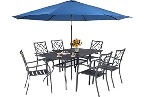 Oakcloud 7-Piece Patio Dining Set with Dark Blue Umbrella, Outdoor Metal Furniture Dining Table Set 6 Stackable Patio Dining Chairs and Rectangle Dining Table with Umbrella Hole