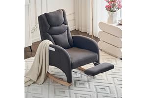 FOXHUNTER Rocking Chair Nursery, Modern Glider Chair with Adjustable Footrest and Solid Wood Legs, High Backrest Nursery Chair with Side Pocket, Rocker Armchair for Living Room Bedroom, Cotton Linen Dark Gray
