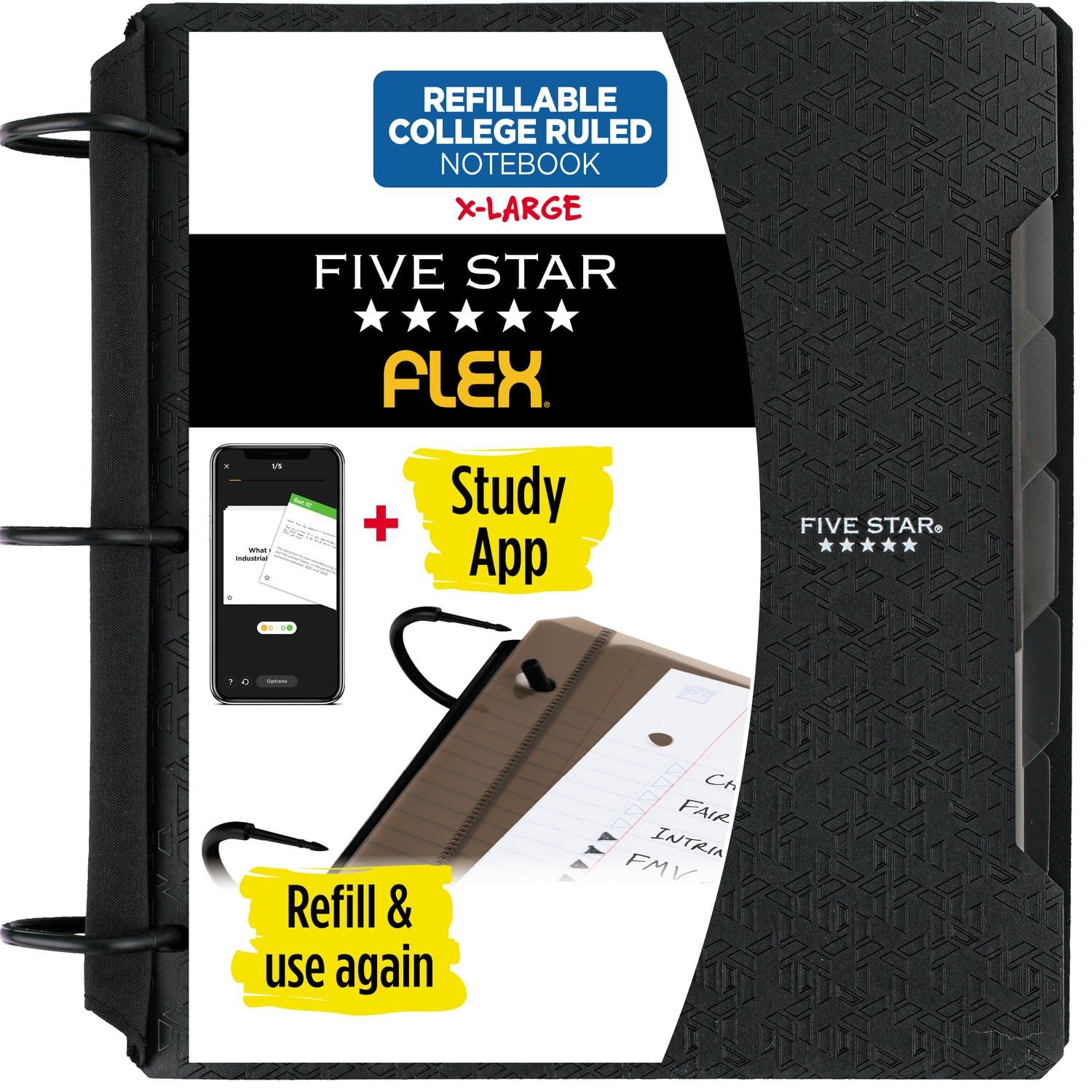 Five Star Flex Refillable Notebook + Study App, College Ruled Paper and 1-1/2 Inch TechLock Ring Binder with Pockets, Tabs and Dividers, 300 Sheet Capacity, Black (29324AA2) (Pack of 6) Image
