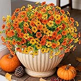 16 Bundles Artificial Mums Fall Flowers for Outdoors, Faux Fake Mums for Outdoor Planters Autumn Decorations,UV Resistant Silk Flowers for Front Porch Patio Home Decor (16, Yellow Orange)