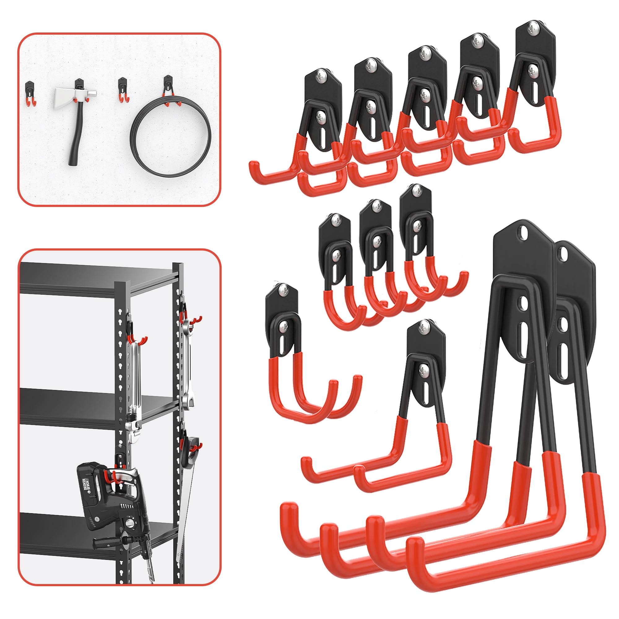 Photo 1 of WALMANN 12PCS Garage Storage Hooks, Wall Mount Utility Hooks for Tools, Ladders, Cords, Folding Chairs, Shovels and Rakes, Shelving Hooks for Keyhole Shelving Units