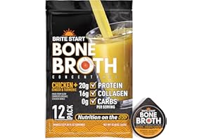 Brite Start Bone Broth - Chicken + Ginger & Turmeric - 12 Count - Keto Friendly Concentrate with 16g Collagen, 20g Paleo Protein - Made from Free Range Chicken Bones - Single Serve Packets