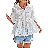 SHENHE Women's Boho Tops Button Down Short Sleeve Eyelet Shirt Ruffle Hem Babydoll Blouse