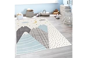 Paco Home Kids Rug for Nursery with Pastel Colored Mountains, Dreamy Stars and Moon in Blue, Size: 3'11" Round
