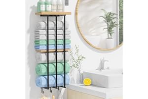 HUIZONHOME Towel Racks for Bathroom, Upgrade (Bilayer) 3 Bar Metal Towel Holder for Bathroom Wall, Rolled Towel Storage for Small Bathroom with Wooden Shelf and 3 Hooks, Hold 3+3 Large Bath Towels, Black