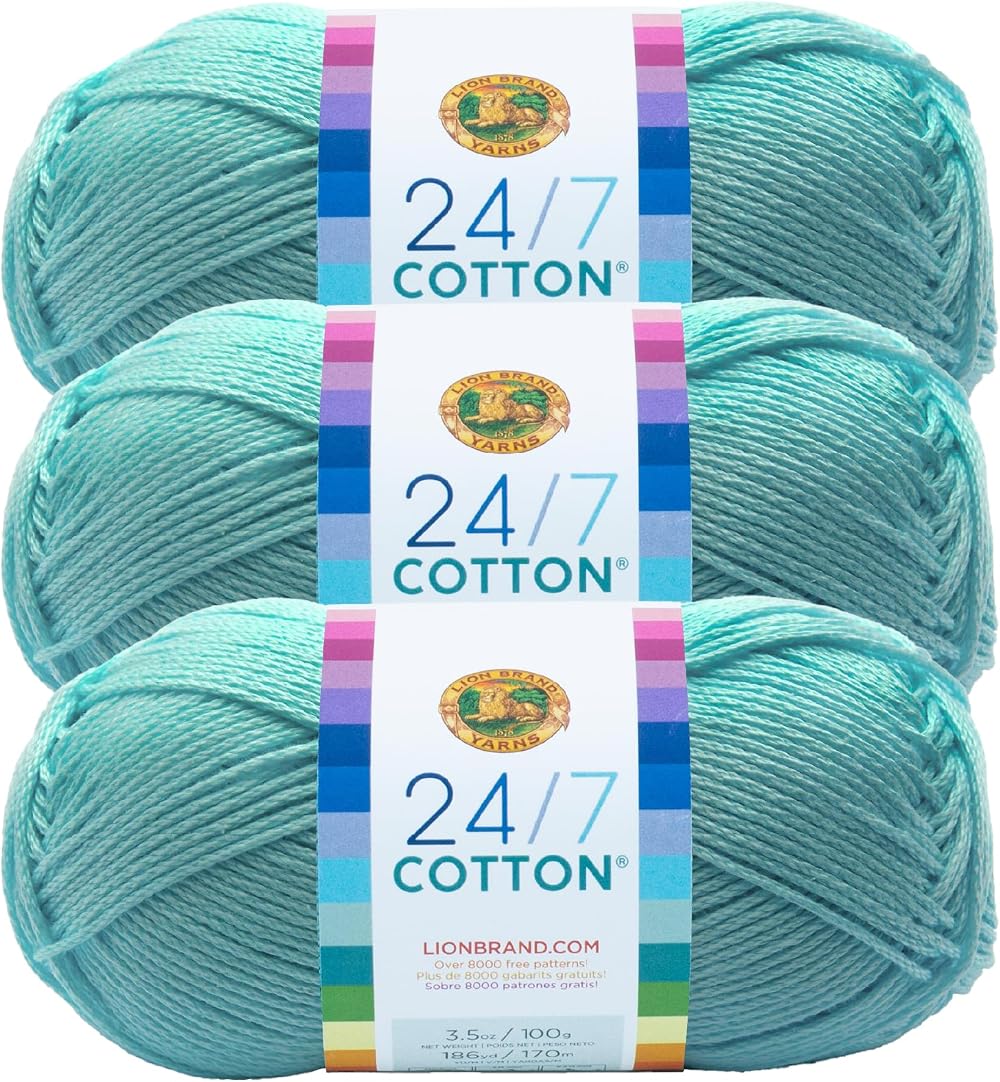 Lion Brand 24/7 Cotton Yarn Aqua 3 Pack 761-102A 100 Cotton