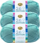 Lion Brand 24/7 Cotton Yarn Aqua 3 Pack 761-102A 100 Cotton
