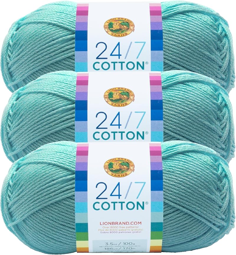 Lion Brand 24/7 Cotton Yarn Aqua 3 Pack 761-102A 100 Cotton