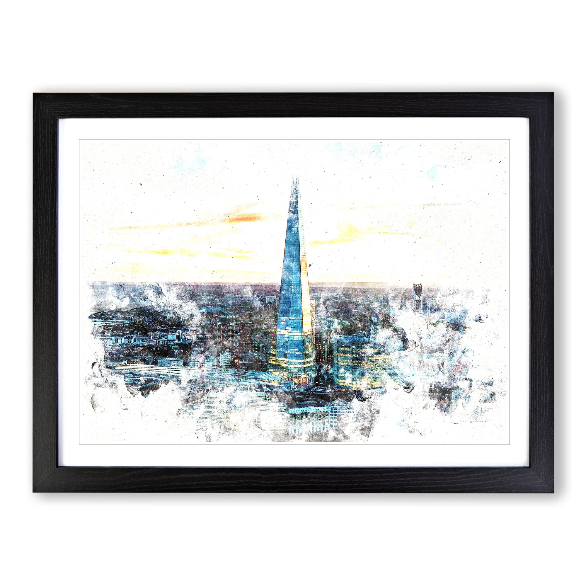 The Shard London England Skyline Watercolour Modern Framed Wall Art Print, Ready to Hang Picture for Living Room Bedroom Home Office Décor, Black A3 (46 x 34 cm)