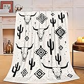 Western Boho Throw Blanket Southwestern Bull Skull Native Aztec Tribal Blanket Wild West Soft Cozy Flannel Fleece Fuzzy Stuff Plush Bedding Gifts for Women Girls Kids Adults 40 x 50 Inch