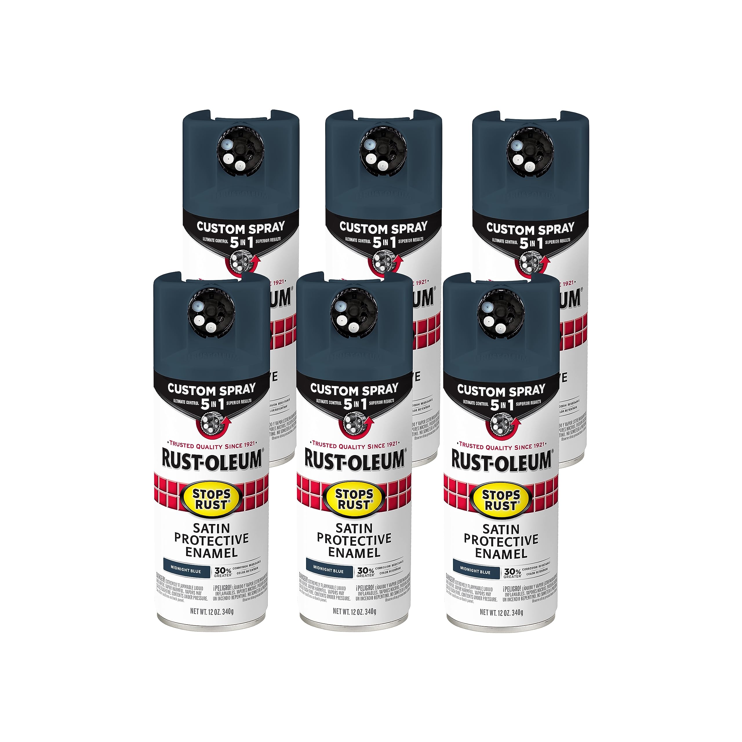 Rust-Oleum 383422-6PK Stops Rust Custom Spray 5-in-1 Spray Paint, 12 oz, Satin Midnight Blue, 6 Pack Image