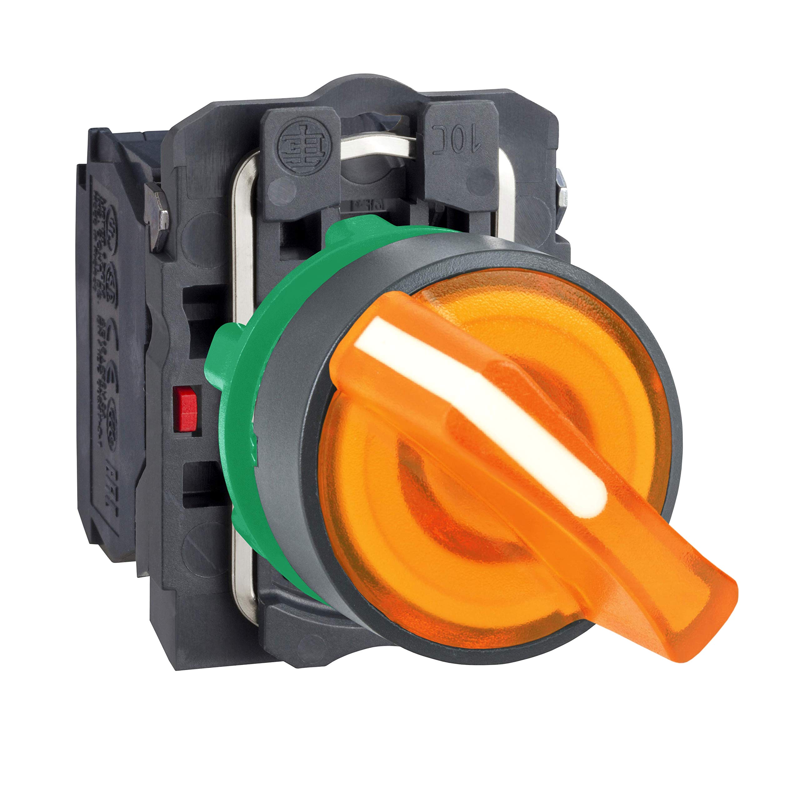 Schneider Electric Illuminated selector switch, Harmony XB5, grey plastic, orange handle, 22mm, universal LED, 2 positions, 1NO + 1NC, 230...240V AC — image 1
