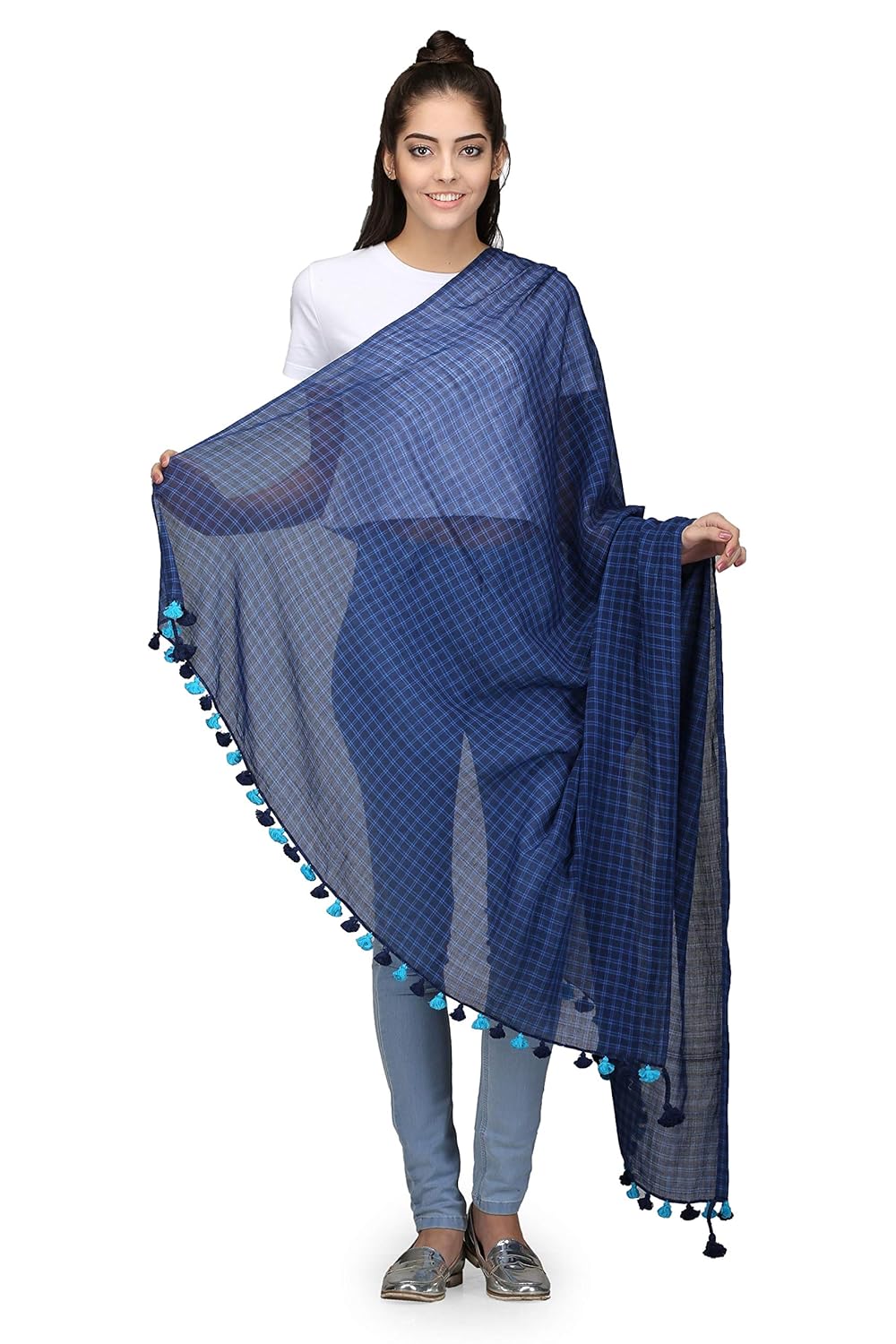 the weave traveller women's and girl's cotton handloom hand woven muslin stole cum dupatta (twt_cd_bluchk_5, blue, free size)