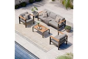 Oasbira Aluminum Outdoor Patio Furniture Set with Coffee Table, 4 Piece Patio Conversation Sets with Washable Thick Cushions, Patio Sectional Furniture Set for Poolside, Balcony, Deck, Gray