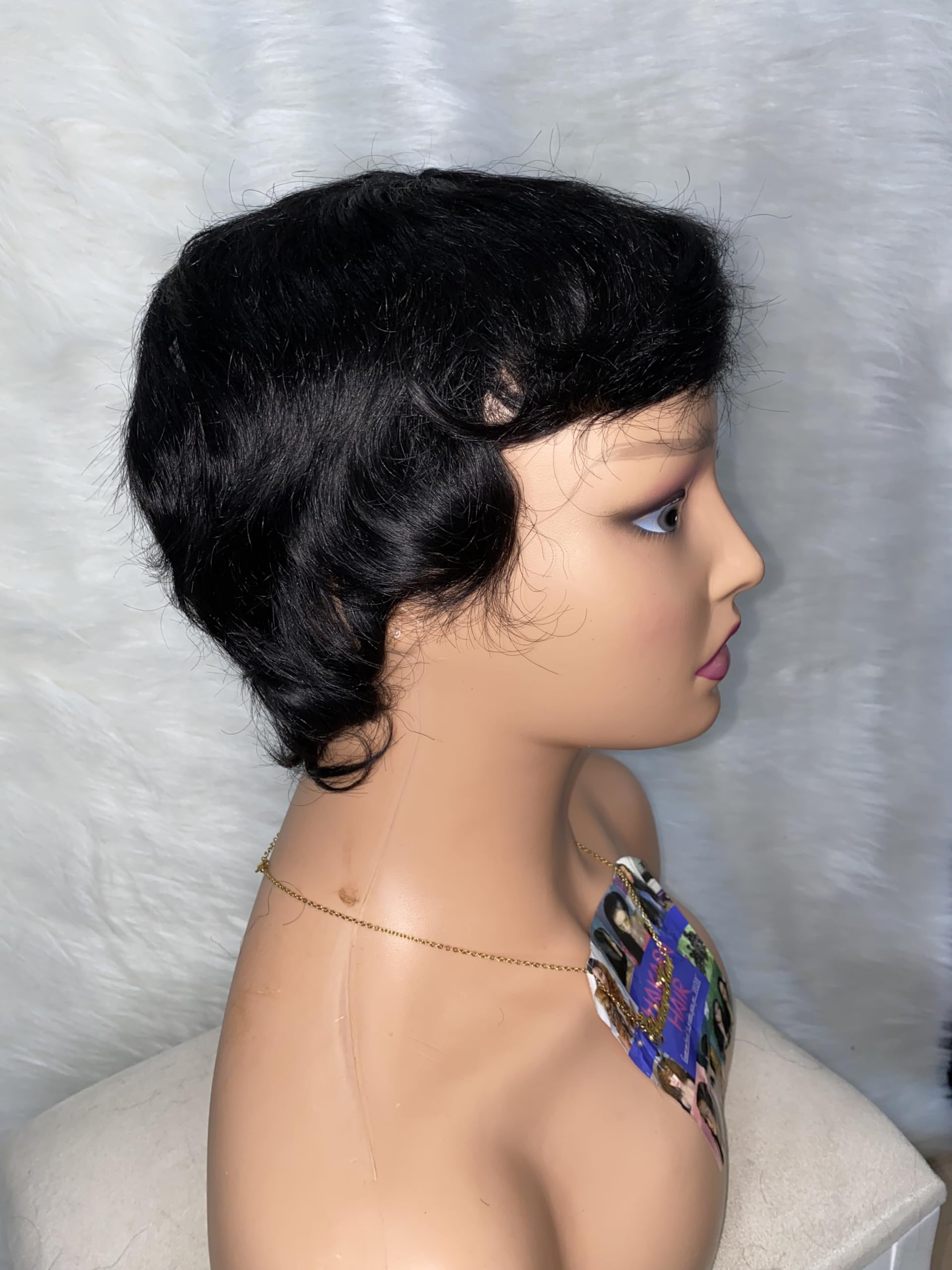 Human hair Pixie cut Wig 100% Brazilian human hair Skull Cap Glueless easy-to-wear wig (Black)