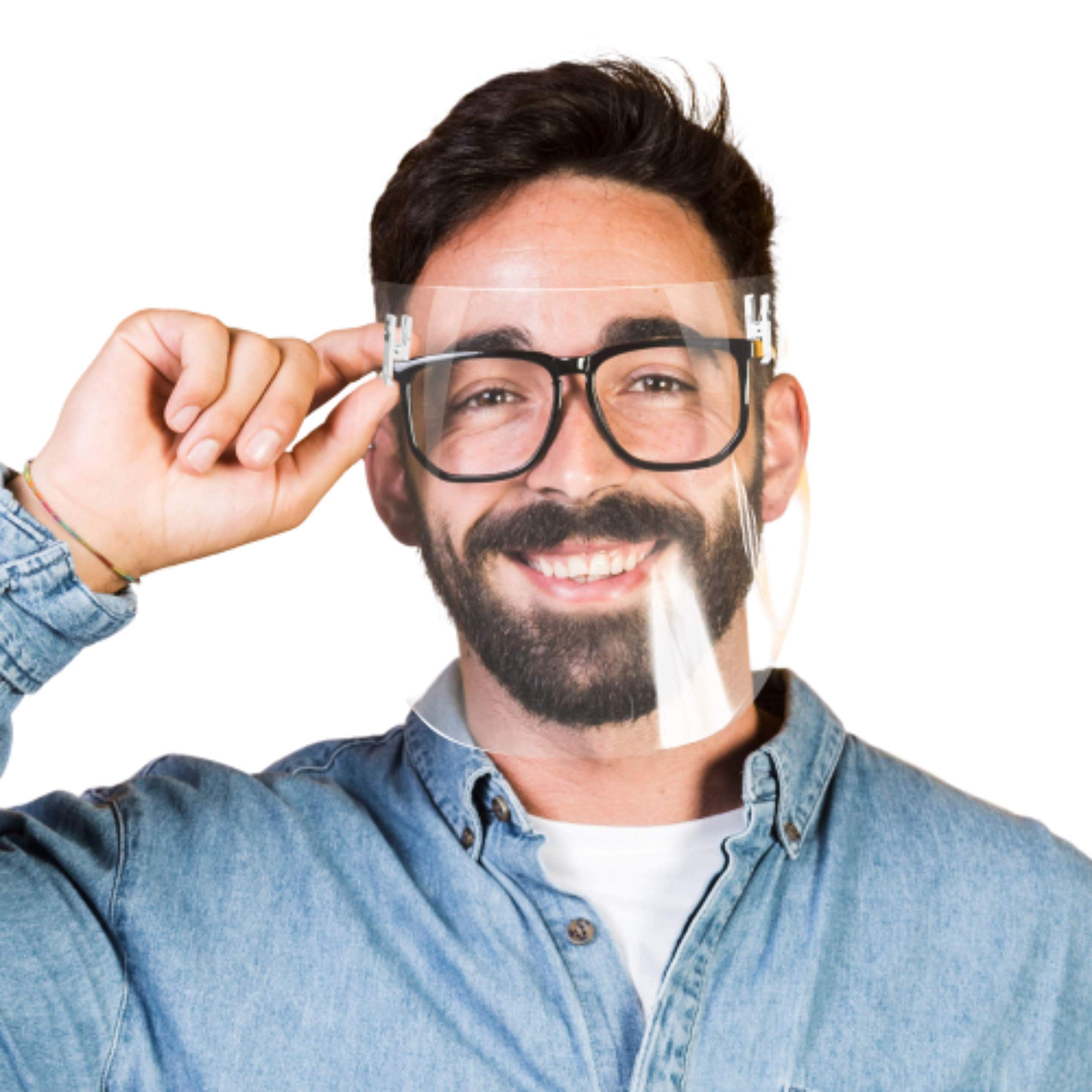 Full Shield with Clip on Glasses–Ultralight Breathable Visor–Clear Facemask for Kids and Adults–Washable Reusable Cover –Set of 2 Visors for Nose Mouth Protection