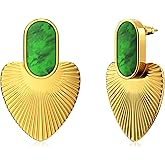 18K Plated Gold Earring Fashion Dangle For Women, Gold Heart Drop Earrings with Mother of Pearl Inlay, Statement Dangle Design