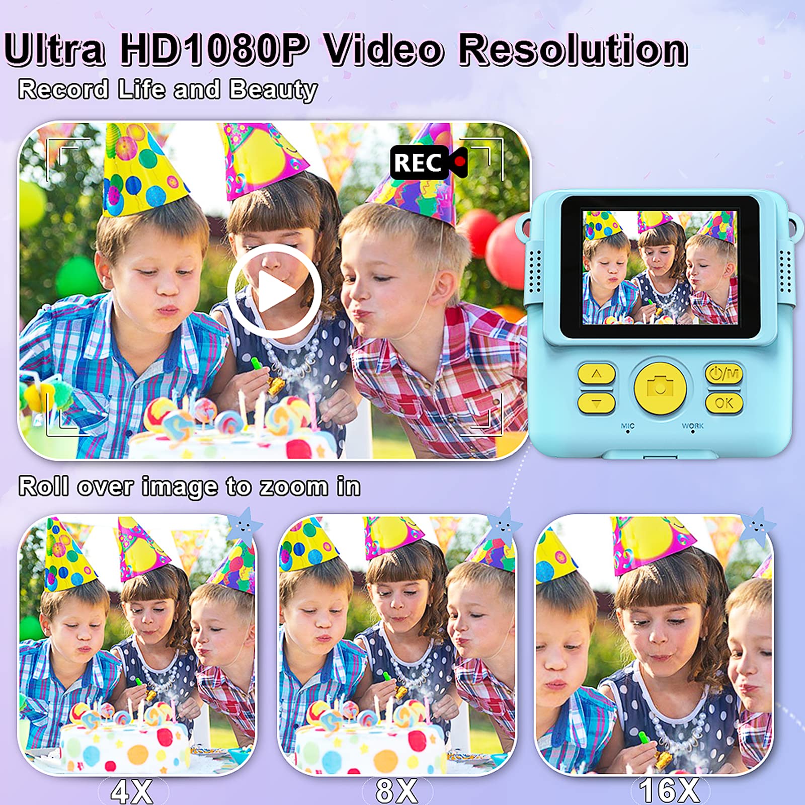 GKTZ Instant Print Camera for Kids - 1080P HD Instant Print Photo - Christmas Birthday Gifts for Age 4 5 6 7 8 9 10 Girls Boys - Portable Toy with 3 Rolls Photo Paper, 5 Color Pens, 32GB Card - Blue