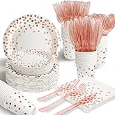 AIRE 175Pcs White Rose Gold Paper Plates Dinnerware Sets for 25 Guests, Party Supplies Disposable Paper Party Plates Napkins Cups Plastic Forks Knives Spoons For Birthday Baby Shower Wedding New Year