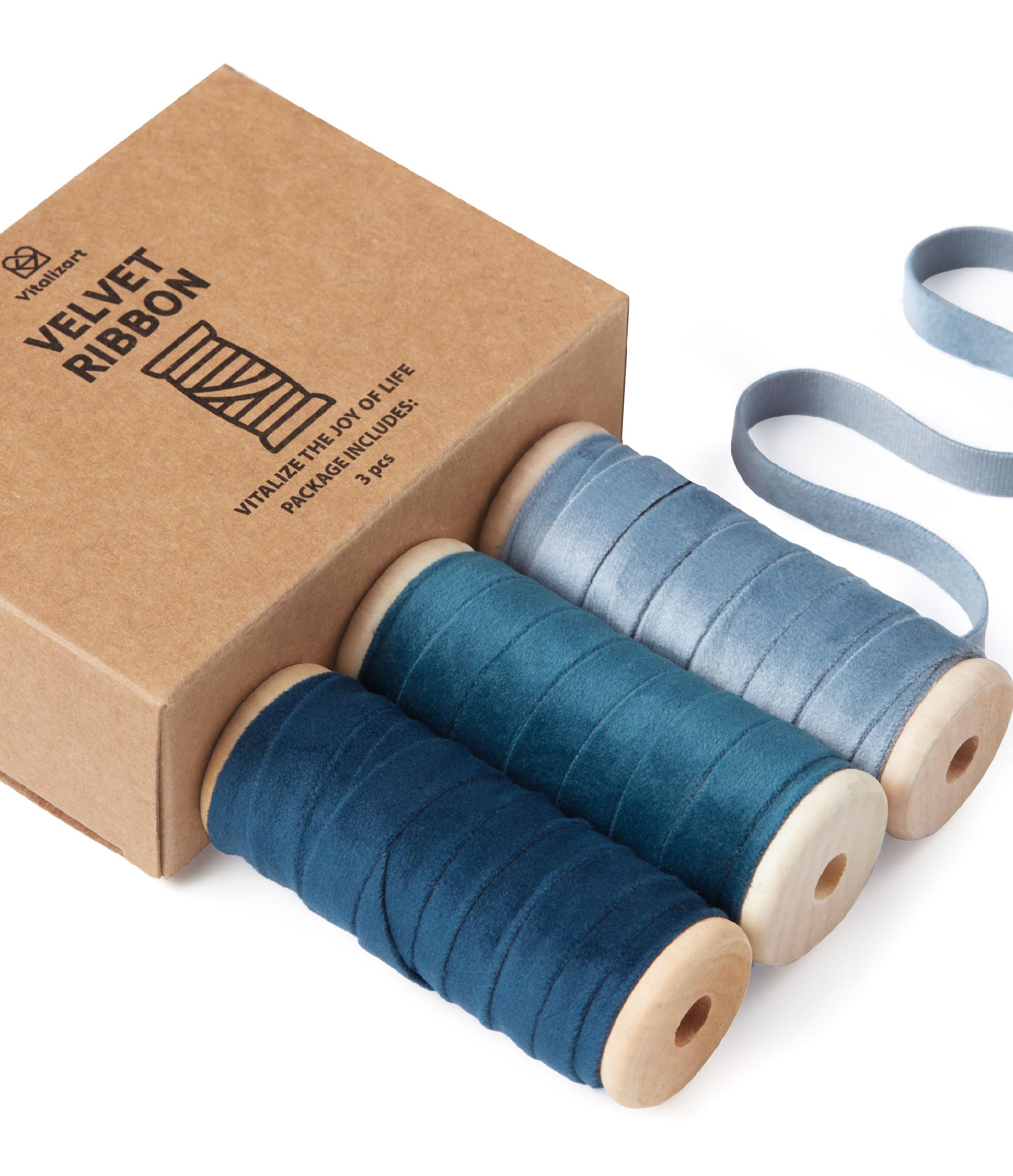 Vitalizart Velvet Ribbon Set 3/8" x 5Yd x 3 Rolls Blue Series, Wooden Spool, Fabric Trim for Christmas Wreath Decoration, Handmade Craft, Ornaments, Gift Wrapping & Bow Making