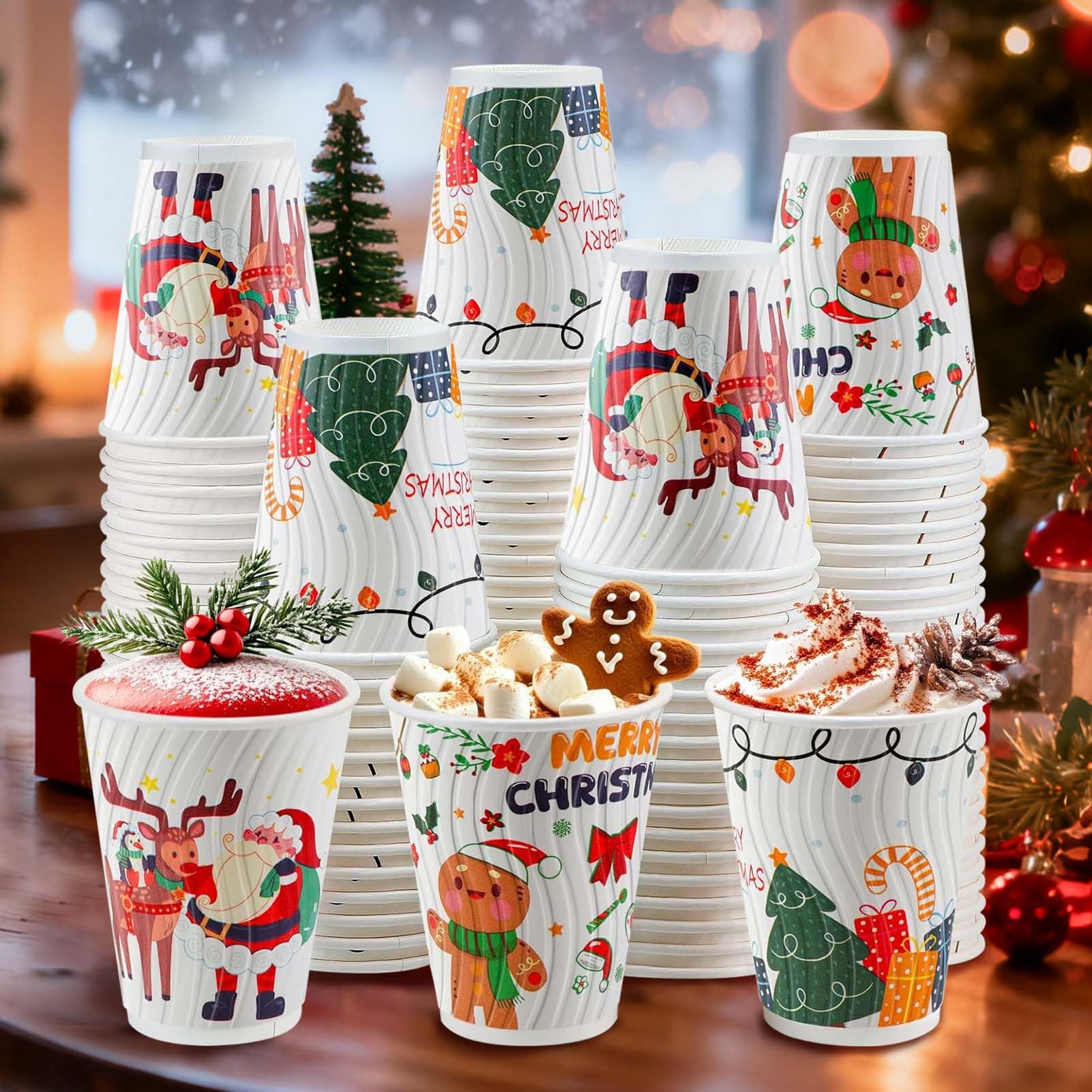 Clawsoff Christmas Coffee Cups 12 oz 120 Pack Corrugated Insulated Ripple Wall Disposable Paper Coffee Cups 12oz, To Go for Hot Beverage or Cold Drinks Office/Home/Cafe/Party/Travel Image