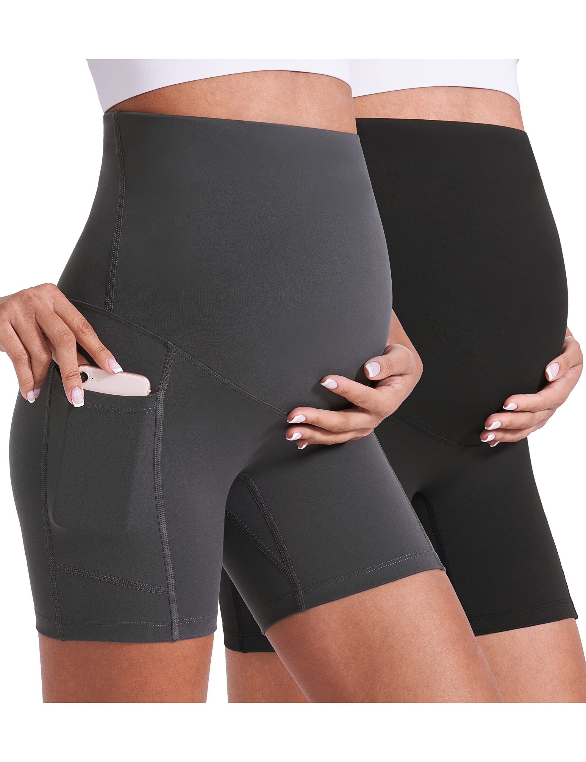 Photo 1 of Enerful Womens Maternity Yoga Shorts Over The Belly Comfy Workout Running Active Biker Pregnancy Pants with Pockets 5 Inch 2 Pack Black Grey Small