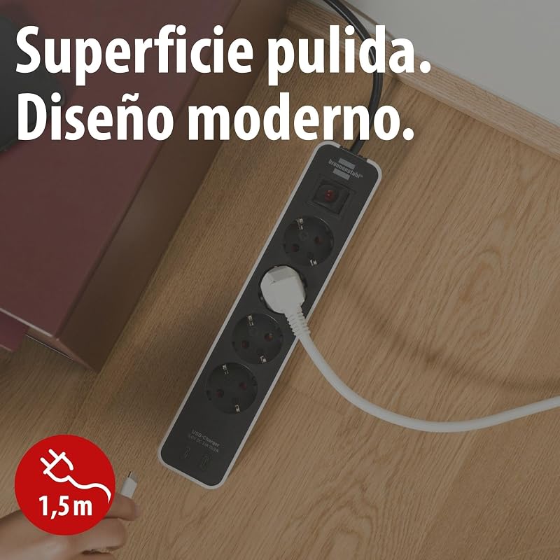 Ecolor Regleta de enchufes de 4 vías con Enchufe USB (Regleta con 2X USB C, Interruptor y Cable de 1,5m) Blanco/Negro