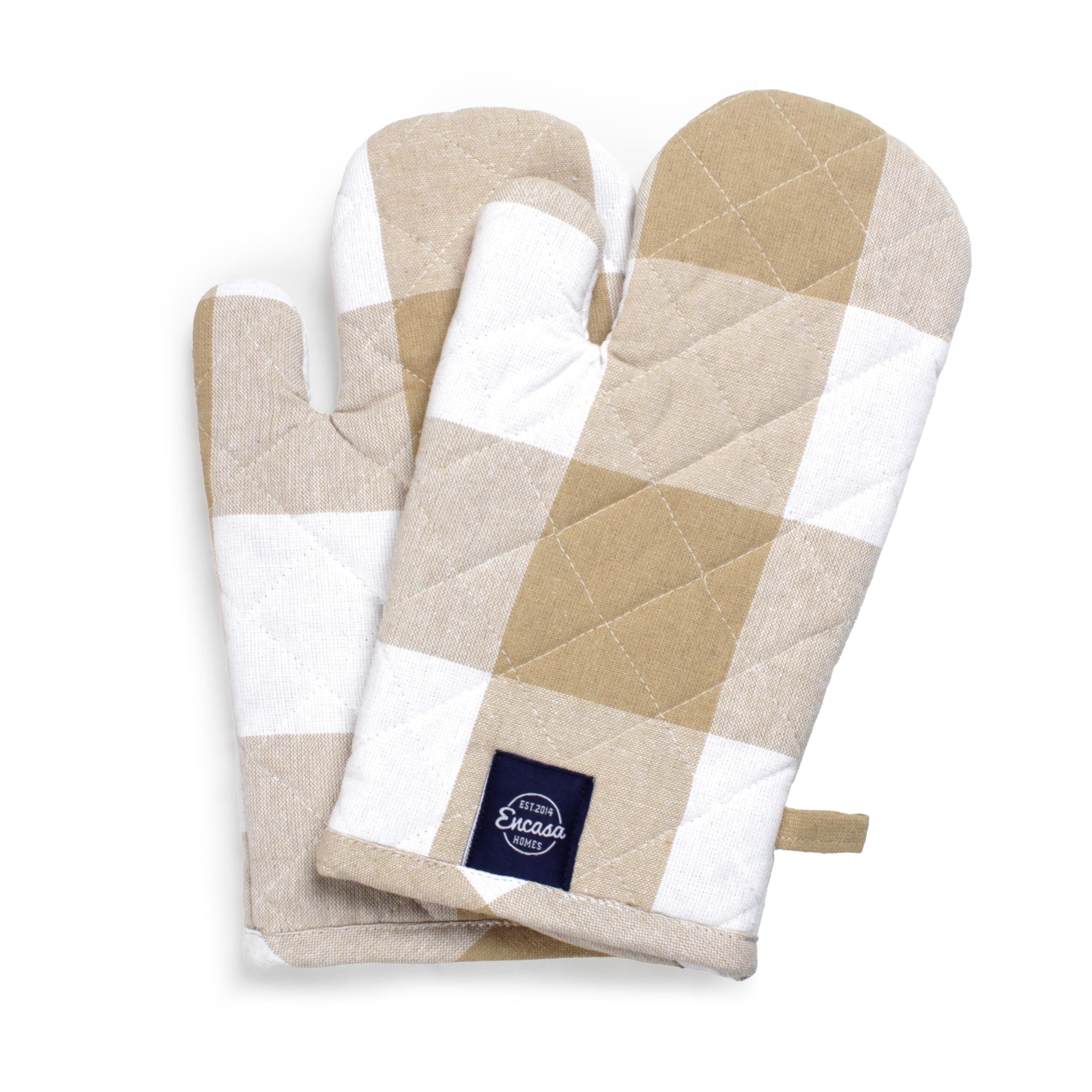 Encasa XO Long 18x30 cm Oven Microwave Hand Gloves Mitts (2 pc set) for Kitchen Cooking & Baking - Heat Resistant, Thick & Safe, Protection of Hands from Hot Utensils, Grill - Buffalo Beige Checks