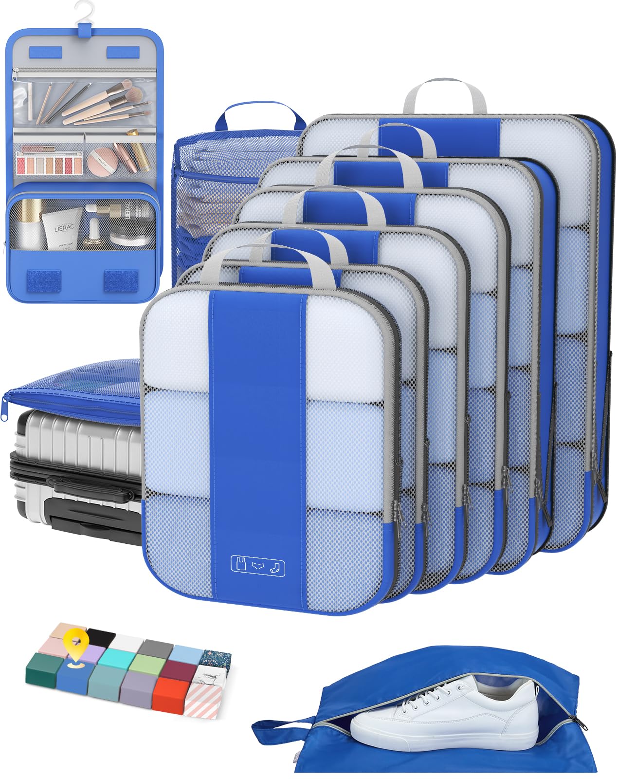 Photo 1 of 10 Set Compression Packing Cubes for Travel Essentials,Compressible Expandable Packing Cubes for Suitcase,OlarHike Luggage Organizer Bags for Travel,Handy Helper for Organizing Clothes(Klein Blue)