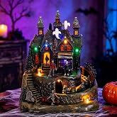 MUMTOP Haunted Halloween Village House with Animated Train, Sound, Light | Lighted Collectible Building with Music,Spooky Ghost,Pumpkin,Skeletons for Seasonal Indoor Outdoor Tabletop Decor or Gift