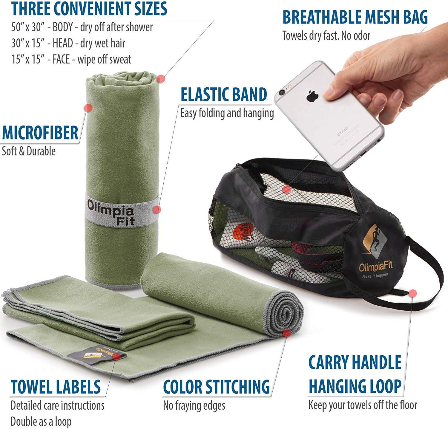 Set of 3 Microfiber Towels - Best for Gym Travel Camp Beach Backpacking Sports Outdoor Swim - Quick Dry Fast · Absorbent · Antimicrobial · Compact · Lightweight Men Women Gift Toiletry Bag (Khaki) : Sports & Outdoors