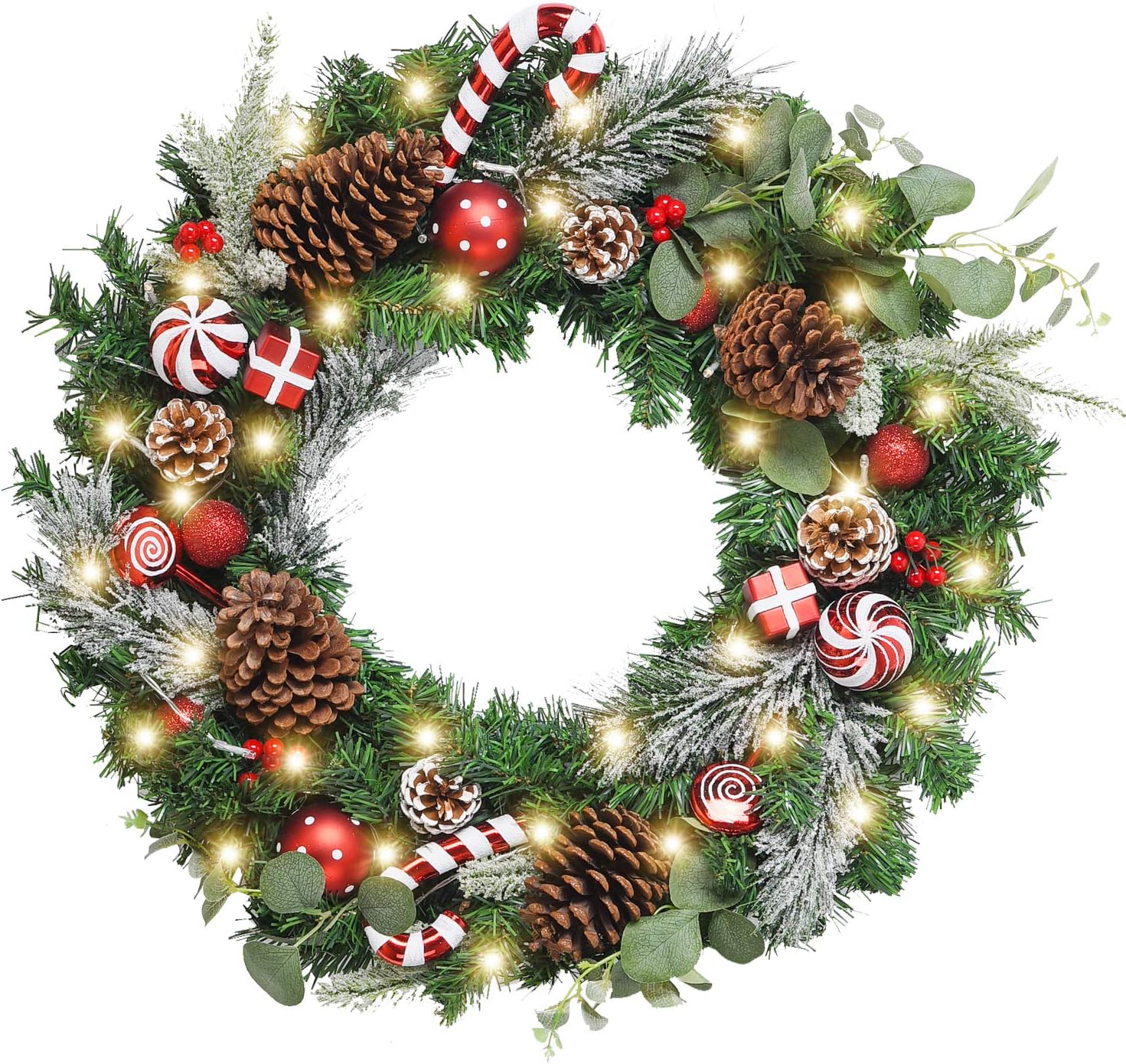 Wreaths, Garlands & Swags - WANNA-CUL Pre-Lit 24 Inch Lighted Christmas Wreath for Front Door Red White Christmas Door Wreath Decoration with Ball Ornaments, Candy Canes,Eucalyptus Leaves, Battery Operated 30 LED Lights
