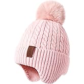 FENELY Girls Boys Winter Hat 3-12, Children's Warm Knitted Earflaps Beanie with Pom Pom Thicken Fleece Lining Cap for Kids
