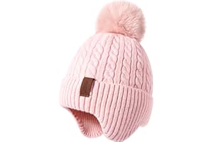 FENELY Girls Boys Winter Hat 3-12, Children's Warm Knitted Earflaps Beanie with Pom Pom Thicken Fleece Lining Cap for Kids