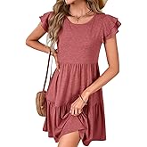 Vrtige Women's 2025 Summer Casual Mini Dress Crewneck Ruffle Short Sleeve Pleated A Line Short Dress
