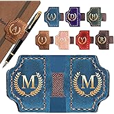 26 Letters Magnetic Leather Bookmark with Pen Holder, Personalized Book Marks with Initials, Custom Name Book Makers Clips for Reading Women, Men, Teachers, Book Lovers Gifts(Blue, M)