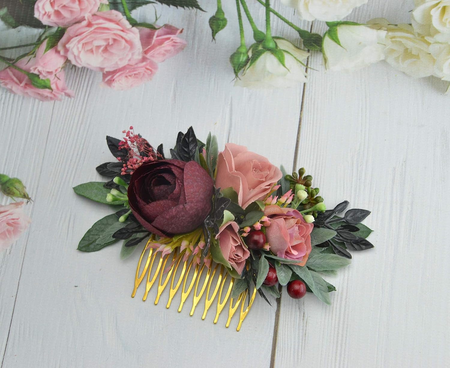 Amazon Com Dusty Rose Marsala Flower Headpiece Floral Comb Bridal