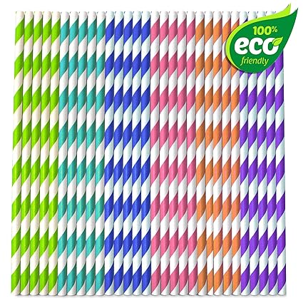 MATANA 175 Papier Trinken Einweg-Strohhalme, Bunte Regenbogen Streifen Design - Dicke & Feste Trinkhalme für Retro Party, Geb