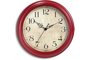 HYLANDA Wall Clock, 12 Inch Red Wall Clocks Battery Operated, Kitchen Vintage Clocks Silent Non Ticking, Farmhouse Retro Country Clocks Decorative for Bedroom, Living Room, Home(12")