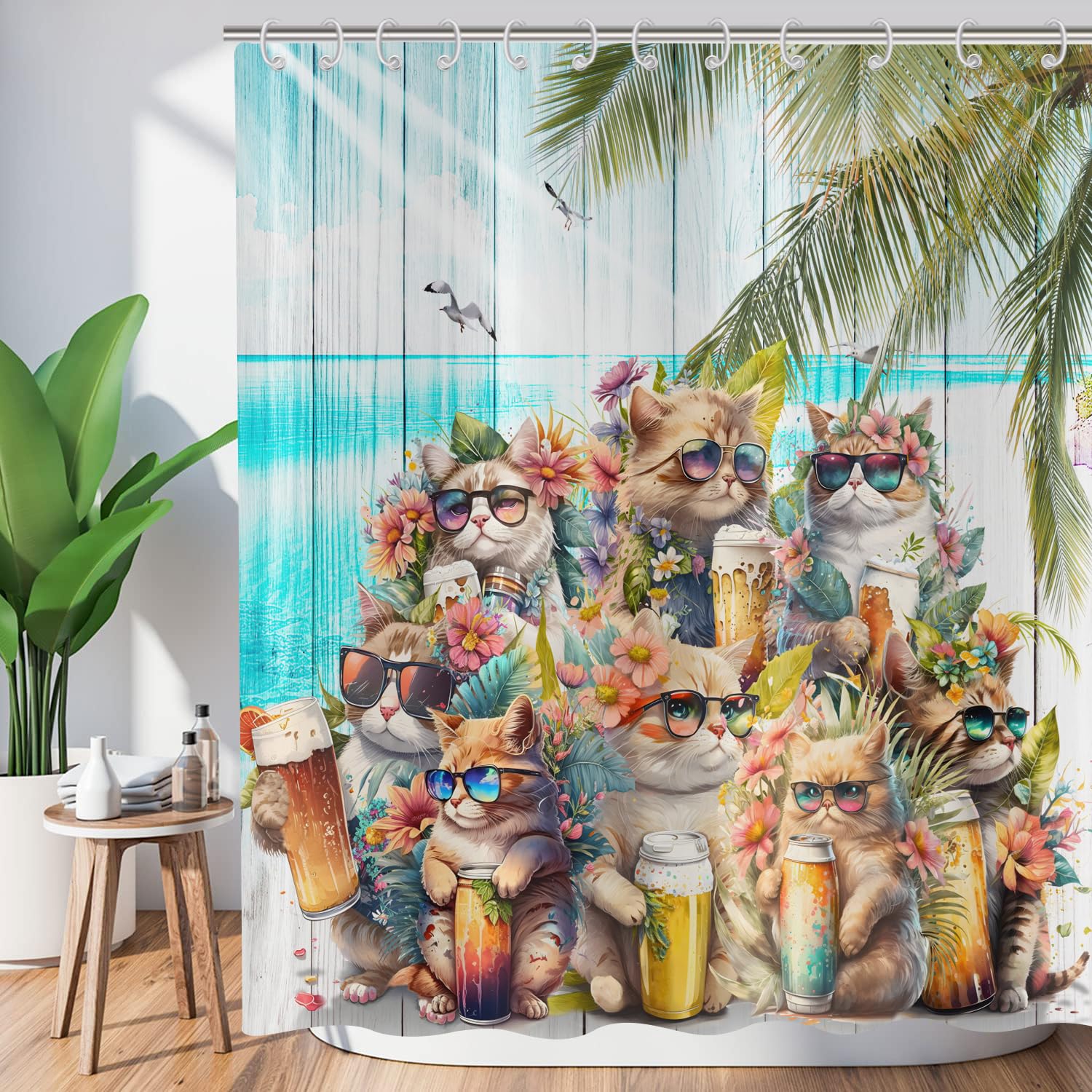 ASDCXZ Funny Shower Curtain 180x200 cm, Funny Cat at the Sea Party Flowers Retro Wood Grain Palm Leaves Washable Shower Curtains Polyester Textile Waterproof Bath Curtain for Bathtub with 12 Hooks — image 1