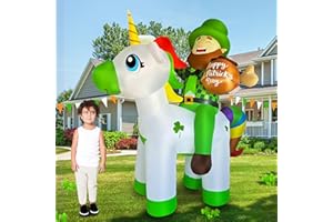 BLOWOUT FUN 6ft St Patricks Day Inflatables Leprechaun Riding Unicorn Decoration LED Blow Up Lighted Decor Indoor Outdoor Holiday Art Decor