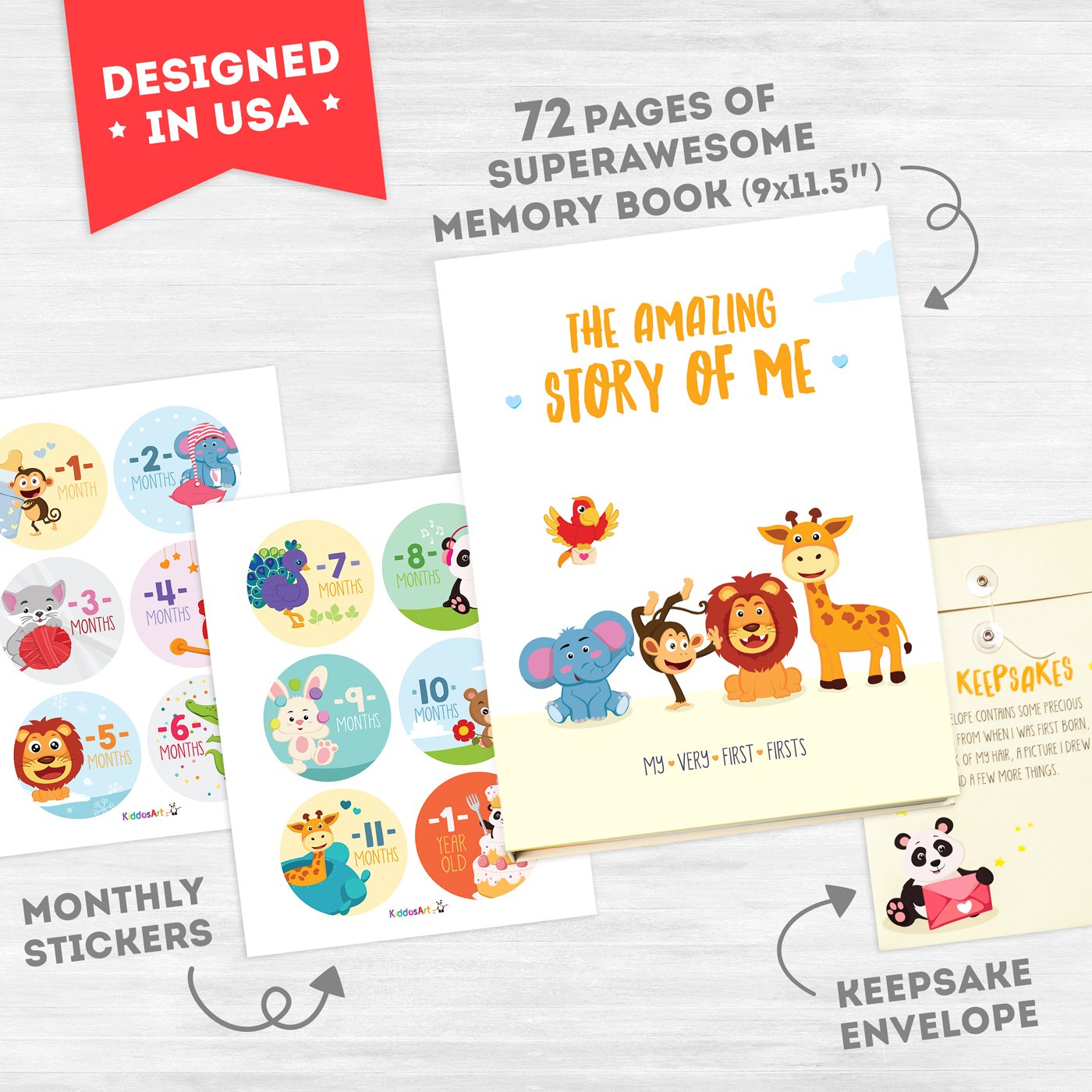 KiddosArt Baby Memory Book. Keepsake Journal, Scrapbook, Photo Album. Record Your Girl or Boy Memories and Milestones of The First 5 Years on 72 Beautiful Pages. 12 Monthly Stickers Included. : Baby
