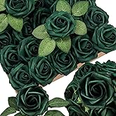 25pcs Emerald Green Artificial Flowers Foam Fake Dark Hunt Green Rose with Stems 8 Leaves Real Looking Faux Roses for Wedding Bouquets Bridal Shower Centerpieces Arrangements Party Tables Decorations